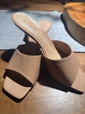 Schutz Nude Tan Square-Toe Slide Heels